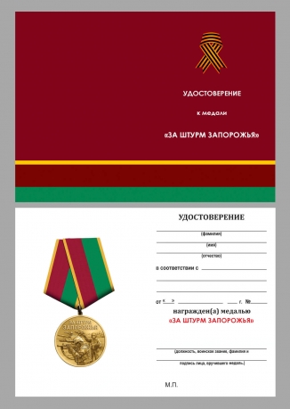 Медаль бойцу Запорожского фронта "За штурм Запорожья" на подставке