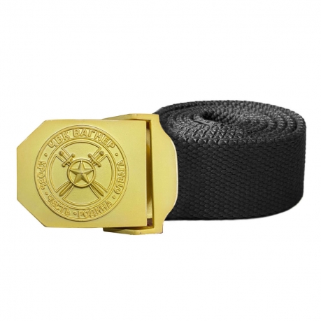Брючный ремень с золотой пряжкой "ЧВК Вагнер – Кровь Честь Родина Отвага"(черный) Брючный ремень с золотой пряжкой "ЧВК Вагнер – Кровь Честь Родина Отвага"(черный)