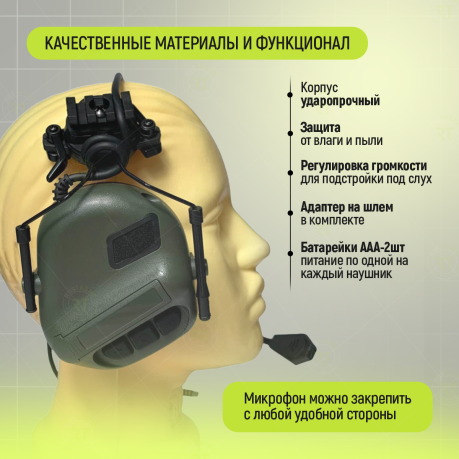 Тактическая нашлемная гарнитура с шумоподавлением (олива)