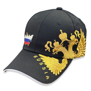 Черная бейсболка "RUSSIA" с золотым гербом РФ 