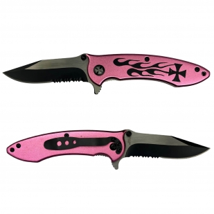 Складной нож с розовой рукояткой и с крестом Тамплиеров