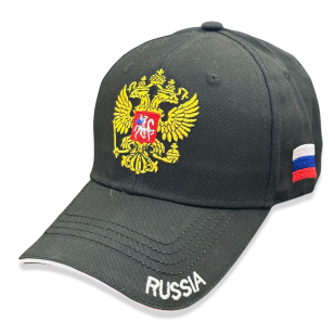 Черная бейсболка "RUSSIA" с золотистым гербом РФ