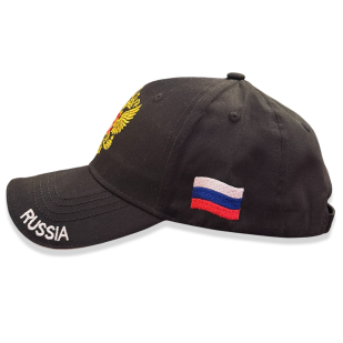 Черная бейсболка "RUSSIA" с золотистым гербом РФ
