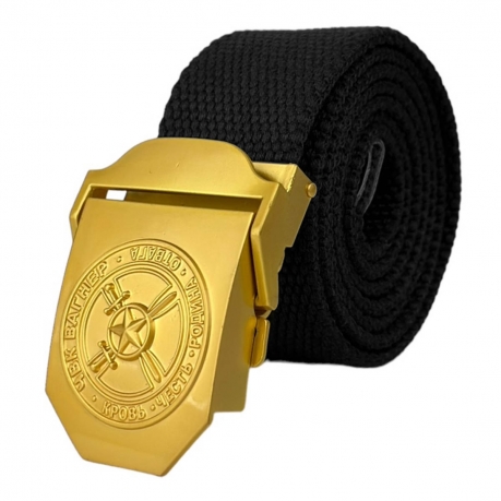 Брючный ремень с золотой пряжкой "ЧВК Вагнер – Кровь Честь Родина Отвага"(черный) Брючный ремень с золотой пряжкой "ЧВК Вагнер – Кровь Честь Родина Отвага"(черный)