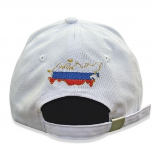 Белая бейсболка "RUSSIA" с золотым гербом РФ 
