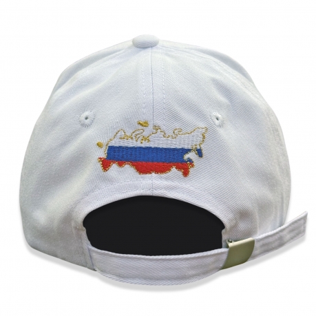 Белая бейсболка "RUSSIA" с золотым гербом РФ 