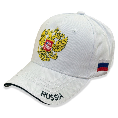 Белая бейсболка "RUSSIA" с золотистым гербом РФ