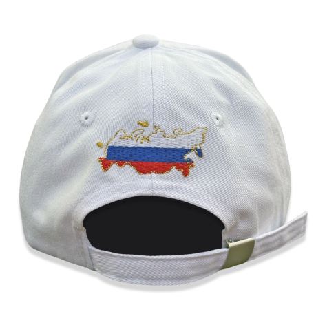 Белая бейсболка "RUSSIA" с золотистым гербом РФ