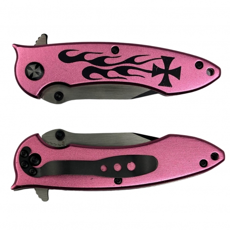 Складной нож с розовой рукояткой и с крестом Тамплиеров
