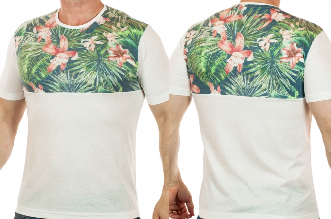 Белая мужская футболка Max Young Men с цветочным экзотическим рисунком. Смелое дизайнерское решение