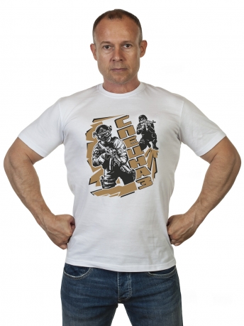 Мужская белая футболка с крутым принтом Спецназ по выгодной цене