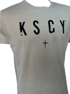 Бежевая мужская футболка K S C Y с черным принтом 