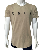 Бежевая мужская футболка K S C Y с черными надписями