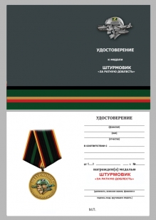 Медаль За ратную доблесть "Штурмовик" в наградном футляре из флока