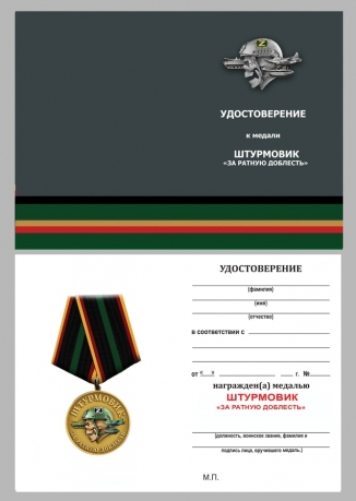 Медаль За ратную доблесть "Штурмовик" в наградном футляре из флока