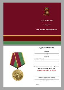 Медаль бойцу Запорожского фронта "За штурм Запорожья" на подставке