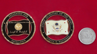 Челлендж коин "За особые отличия" от заместителя министра Сухопутных войск США Джозефа Вестфала