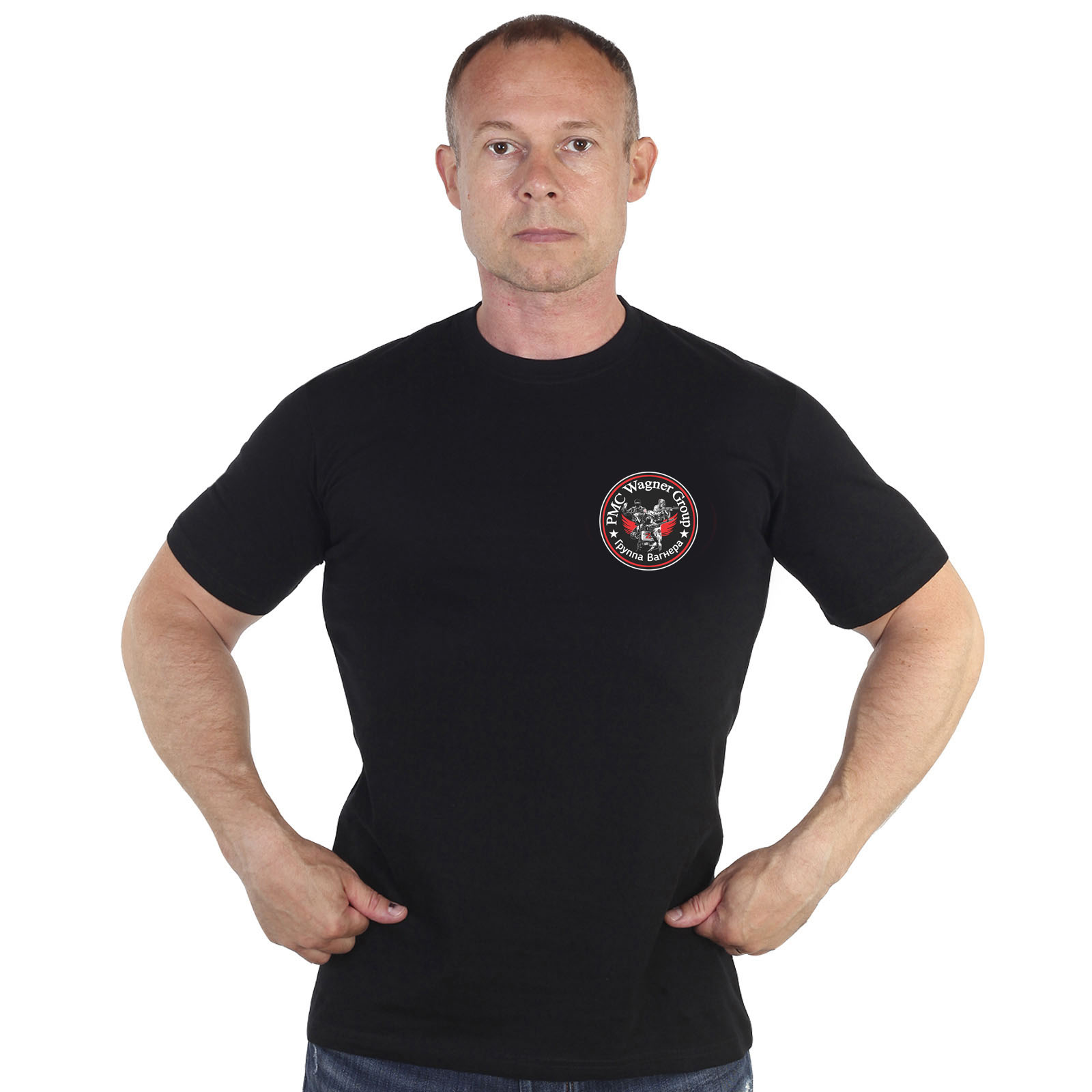 Чёрная футболка с термотрансфером ЧВК "Вагнер"
