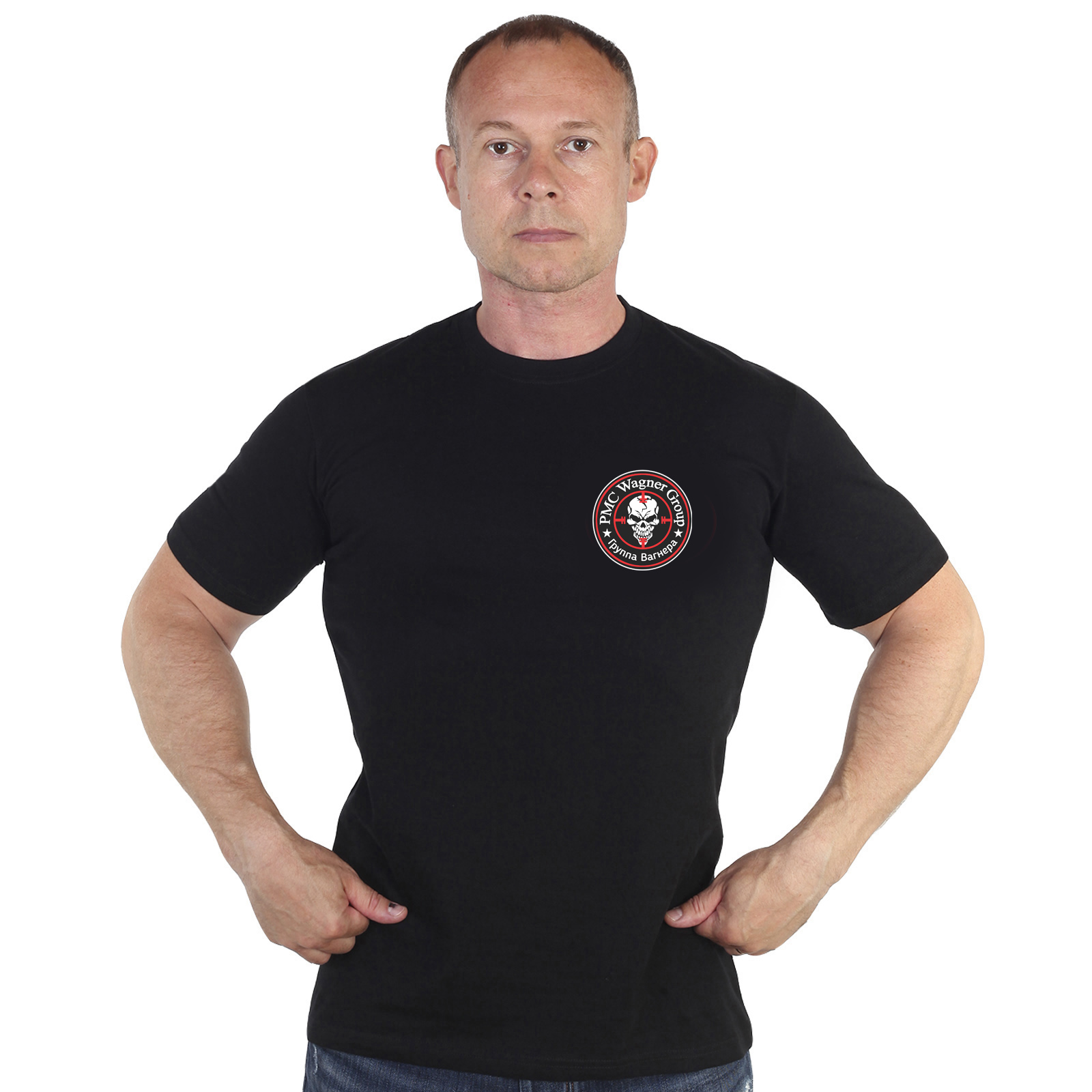 Чёрная футболка с термотрансфером "Группа Вагнера"