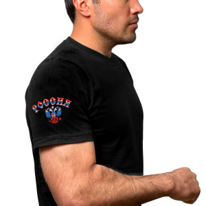 Чёрная футболка с термотрансфером "Россия" на рукаве