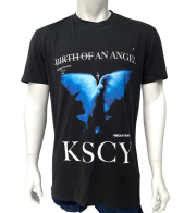 Черная мужская футболка K S C Y с ангелом на груди