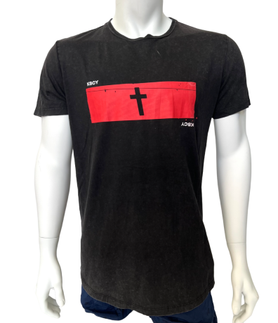 Черная мужская футболка K S C Y с красно-белым принтом