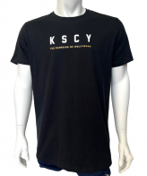 Черная мужская футболка K S C Y с разноцветным принтом