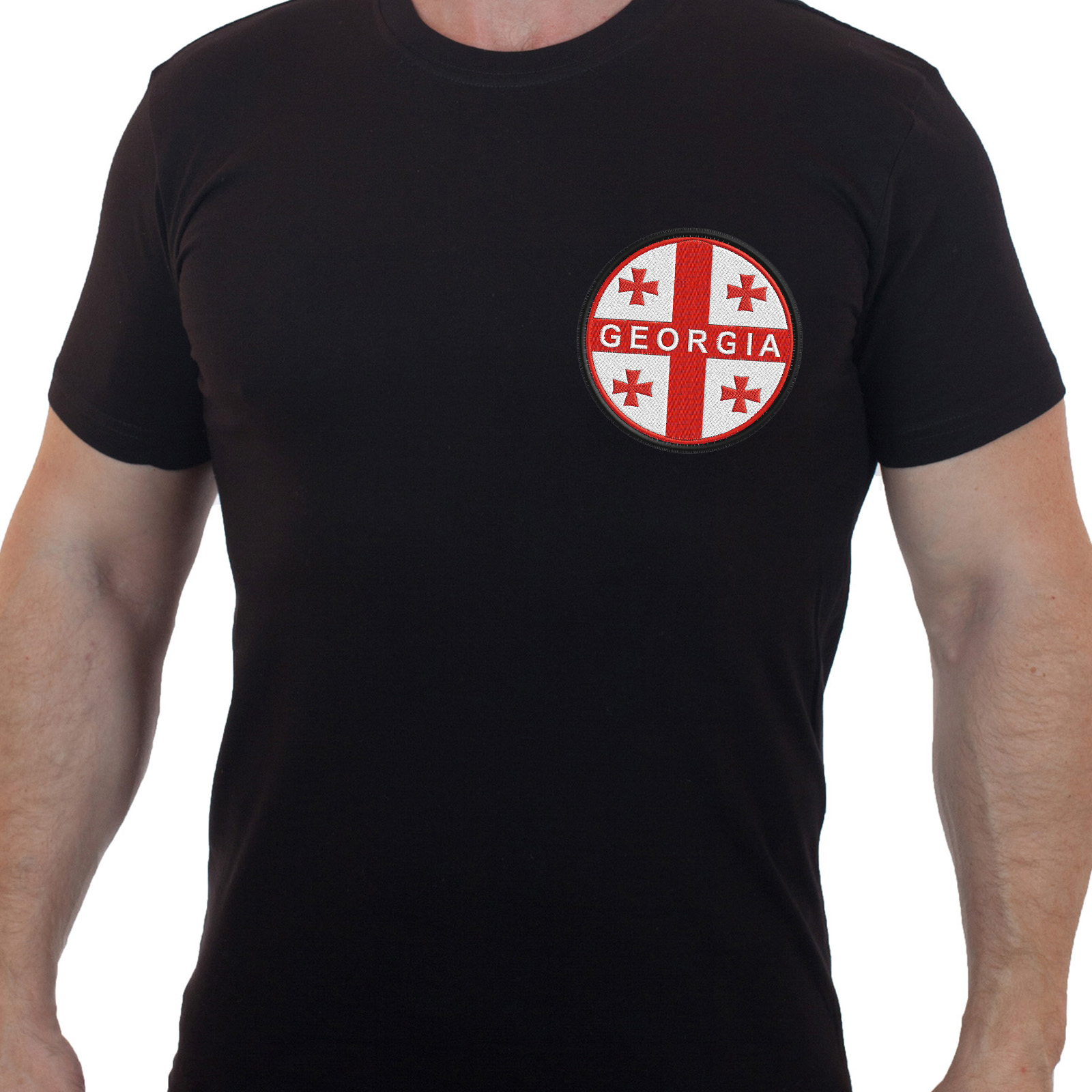 Купить черную мужскую футболку с вышивкой Флаг Грузии по экономичной цене