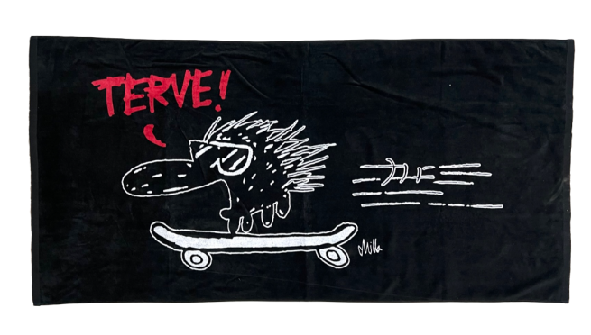Черное большое полотенце с ежиком на скейте