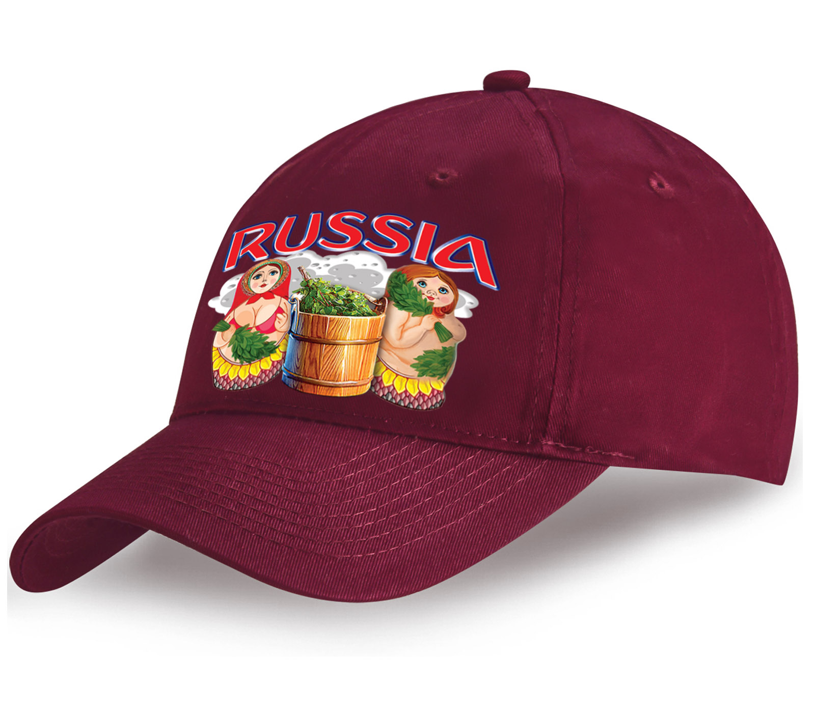 Заказать хлопковая бейсболка Russia с оригинальным принтом Матрешки в русской бане по приятной цене