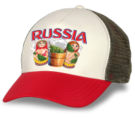 Эксклюзивная бейсболка "Russia" с матрешками в бане. Комфортная модель с сеткой. Современный дизайн, отличное качество. Достойный подарок по любому поводу!