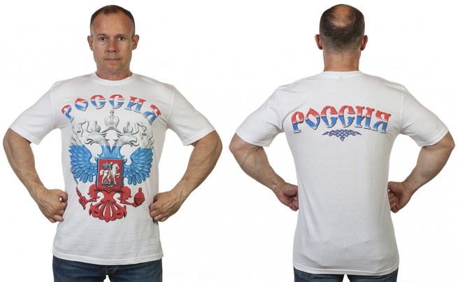 Заказать белые футболки с гербом России