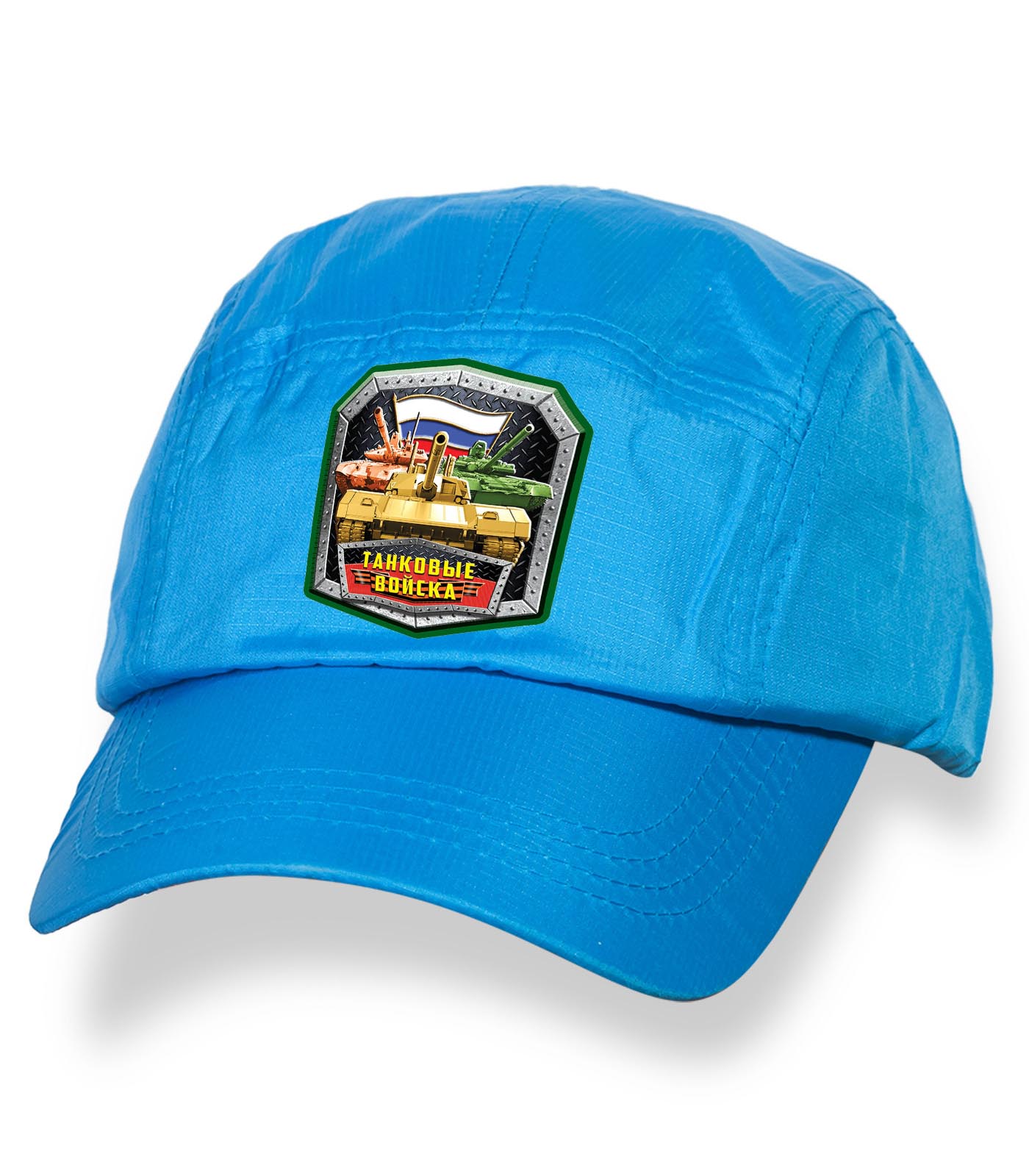 Купить голубую лаконичную кепку-пятипанельку с термонаклейкой Танковые Войска онлайн с доставкой