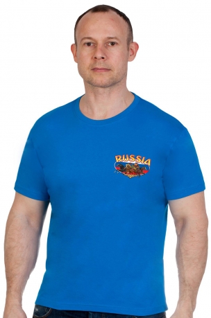 Хлопковая синяя футболка РОССИЯ - заказать выгодно