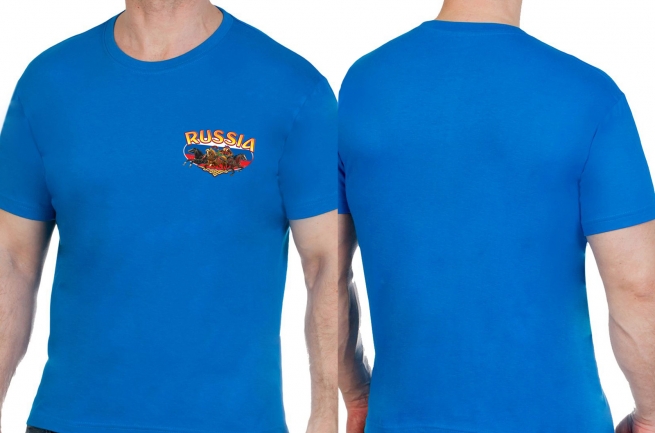 Хлопковая синяя футболка РОССИЯ - заказать онлайн