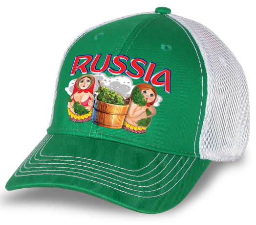 Классная бейсболка "Russia" с матрешками. Эффектная бело-зеленая модель с сеткой. Отменный головной убор для настоящих патриотов и активных болельщиков!