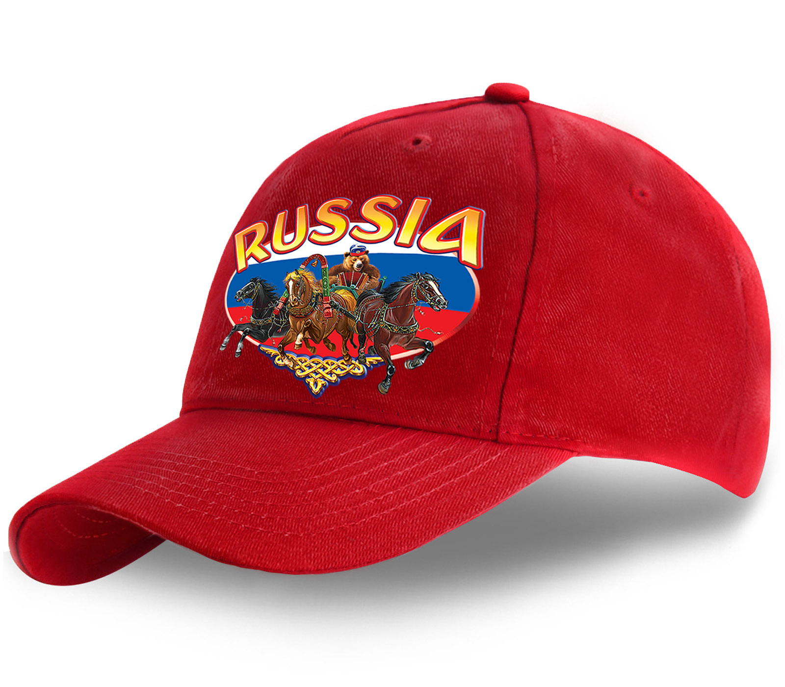 Заказать красную хлопковую бейсболку с авторским колоритным принтом Русская тройка Russia по привлекательной цене