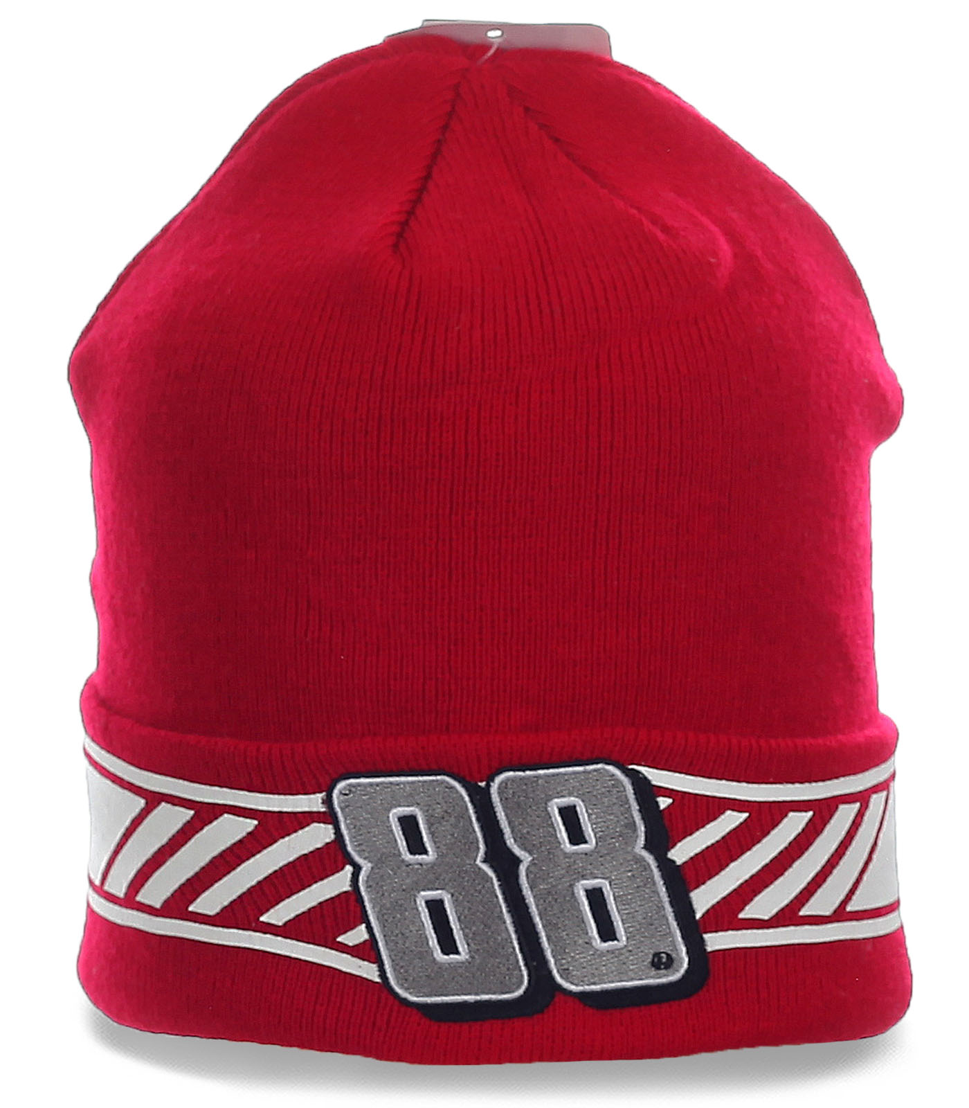 Заказать красную спортивную мужскую шапку с отворотом  Две восьмерки фанатам зимнего спорта по стандартной цене