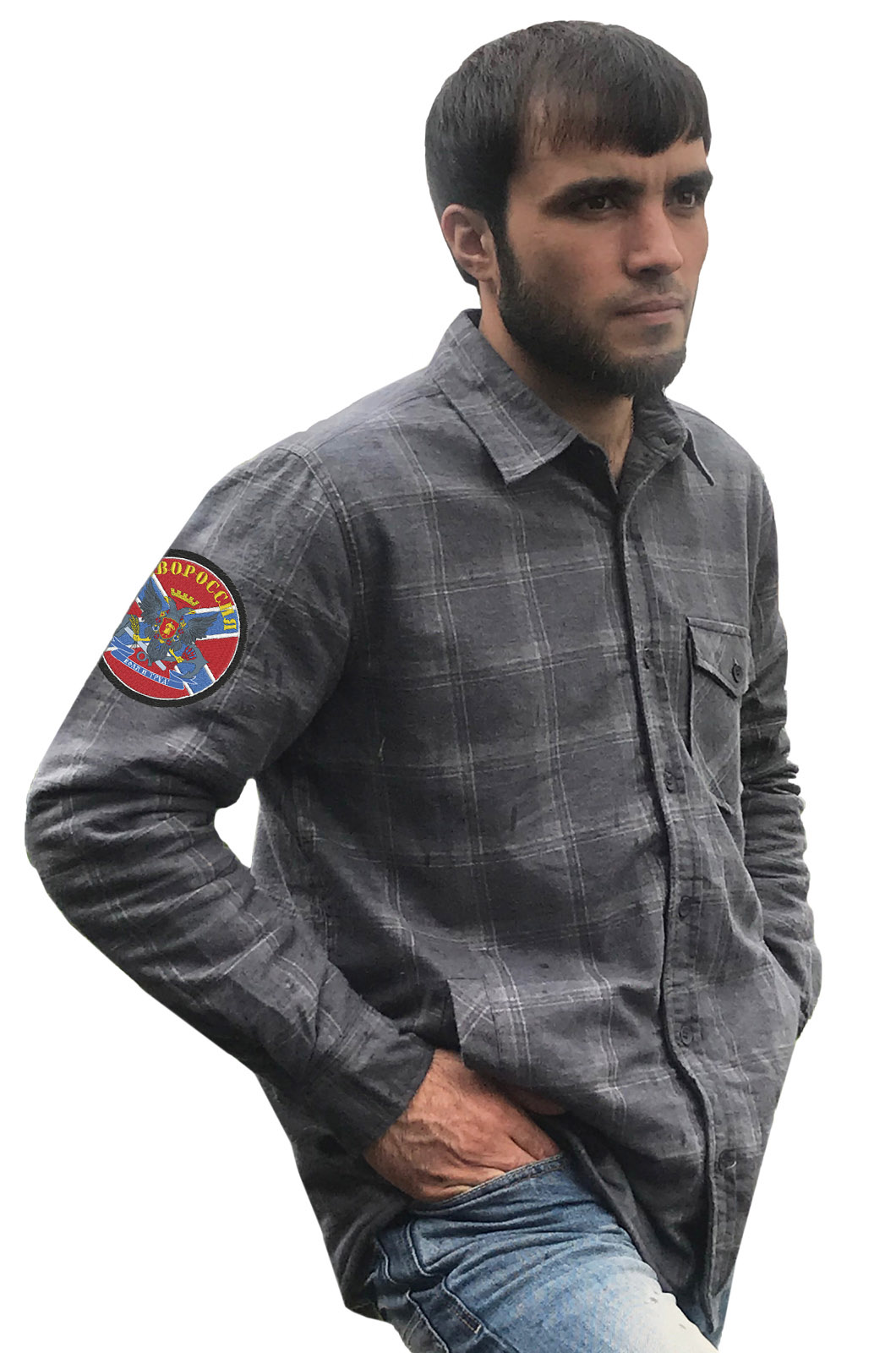 Купить крутую мужскую рубашку с вышитым флагом и гербом Новороссии онлайн с доставкой