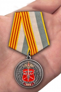 Латунная медаль 100 лет Финансово-экономической службе МО РФ - вид на ладони