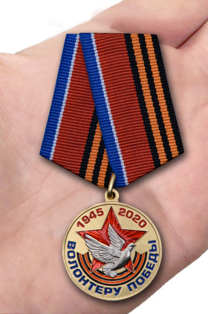 Латунная медаль Волонтеру Победы - вид на ладони