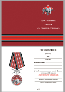 Латунная медаль За службу в Спецназе с мечами - удостоверение