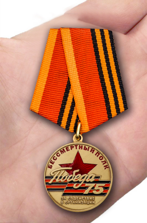 Латунная медаль За содействие в организации акции Бессмертный полк. 75 лет Победы - вид на ладони
