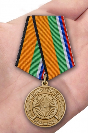 Латунная медаль За вклад в укрепление обороны РФ - вид на ладони