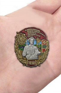 Латунный знак 78 Шимановский ордена Александра Невского Пограничный отряд - вид на ладони