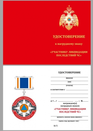 Латунный знак Участнику ликвидации последствий ЧС МЧС России - удостоверение