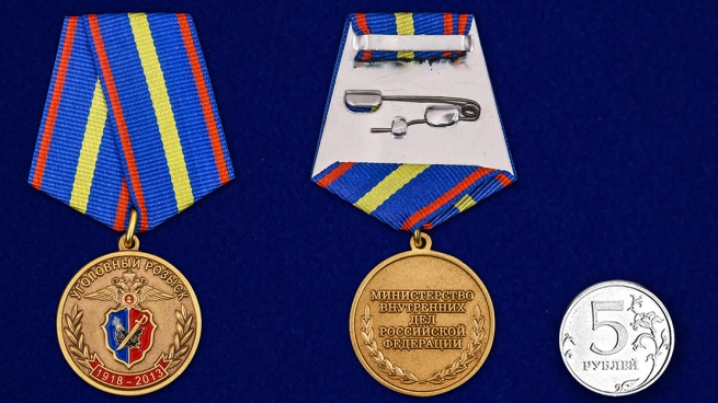 Медаль 95 лет Уголовному Розыску МВД России - сравнительный размер