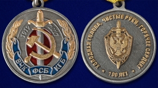 Медаль к 100-летнему юбилею ВЧК-КГБ-ФСБ в нарядном футляре из флока - аверс и реверс
