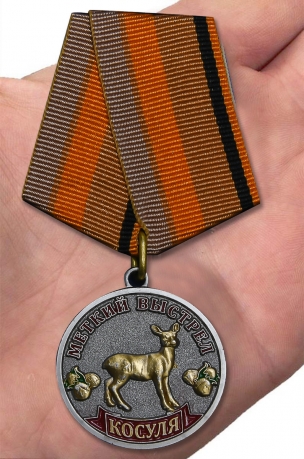 Медаль Косуля (Меткий выстрел)  на подставке - вид на ладони