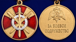 Медаль Росгвардии "За боевое содружество" в нарядном футляре с покрытием из бордового флока - аверс и реверс